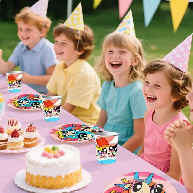 Alt view image 6 of 7 - 114 Pcs The Powerpuff Girls Birthday Party Tableware Set - The Powerpuff Girls Party Plates Napkins Cups Tablecloth & Birthday Banners for The Powerpuff Girls Theme Party Supplies Decor