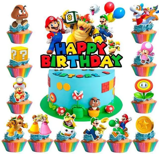 Main image of Super Mario Cake Decorations,13pcs Mario Cake Toppers Set Includes 1 Mario Birthday Cake Topper & 12 Mario Bros Cake Topper, for Boys/Girls Kids Super Mario Birthday Decorations Supplies
