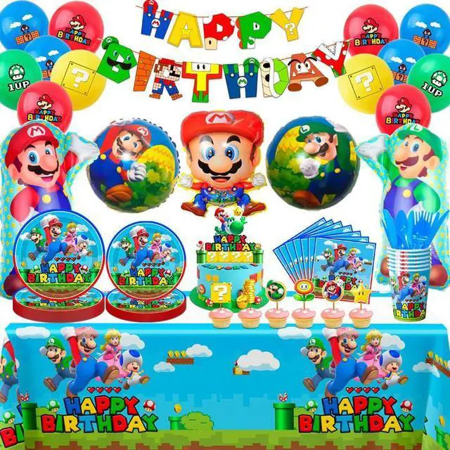 Main image of Mario Birthday Party Supplies,115pcs Mario Party Decorations & Tableware Set - Super Mario Bros Balloons Banner & Mario Party Plates and Napkins Tablecloth etc Super Mario Party Supplies for Boys Kids