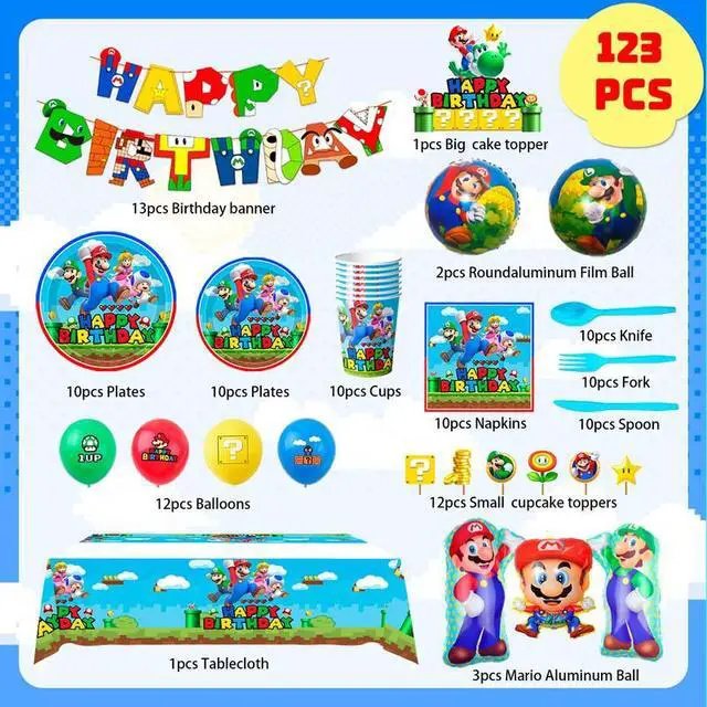 Alt view image 2 of 7 - Mario Birthday Party Supplies,115pcs Mario Party Decorations & Tableware Set - Super Mario Bros Balloons Banner & Mario Party Plates and Napkins Tablecloth etc Super Mario Party Supplies for Boys Kids