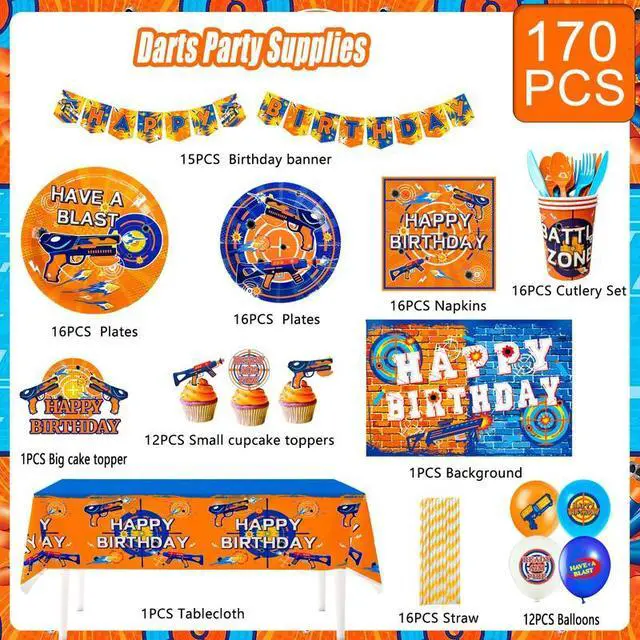 Alt view image 2 of 7 - Dart War Party Supplies,170 Pcs Dart War Party Decorations & Dart War Tableware Set - Dart War Plate Background Banner etc, for Dart War Birthday Party & Dart War Themed Birthday Decorations