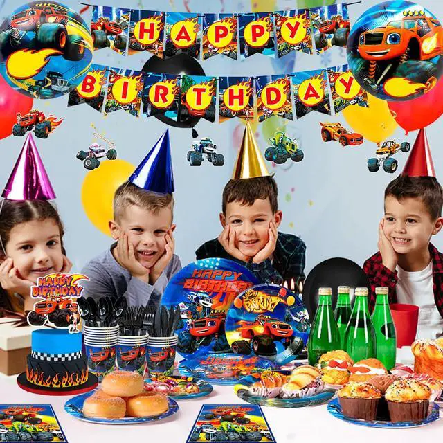 Alt view image 3 of 7 - Blaze Birthday Party Supplies,119pcs Blaze and The Monster Machines Party Supplies-Blaze Plates and napkins Cups Table Cloth Banner Balloons Cake Topper ect Blaze Party Decorations for Boys Kids