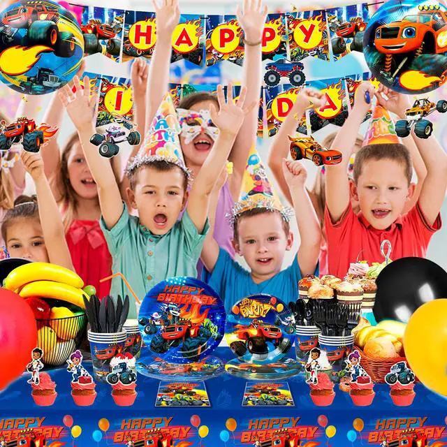 Alt view image 6 of 7 - Blaze Birthday Party Supplies,119pcs Blaze and The Monster Machines Party Supplies-Blaze Plates and napkins Cups Table Cloth Banner Balloons Cake Topper ect Blaze Party Decorations for Boys Kids