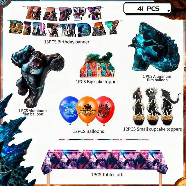 Alt view image 2 of 7 - Godzilla Party Decorations, 41 Pcs Godzilla Party Supplies Set- Godzilla Party Balloons Tablecloth and Godzilla Happy Birthday Banners and other Godzilla Birthday Party Decorations