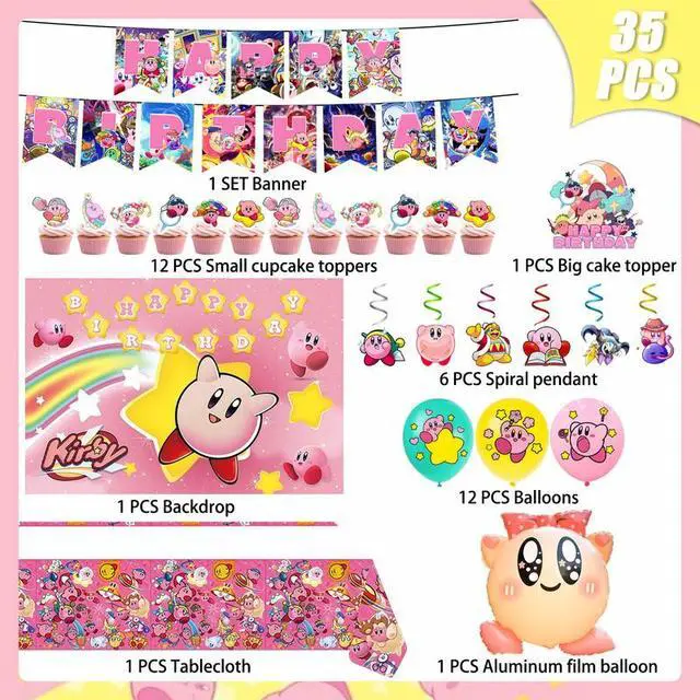 Alt view image 2 of 7 - 35pcs Kirby Birthday Party Decorations, Kirby Party Supplies including Kirby Balloons,Kirby Banner Cake Toppers Tablecloth etc. Kirby Birthday Decorations for Boys/Girls