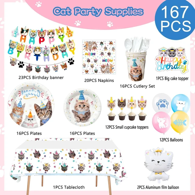Alt view image 2 of 7 - Cat Birthday Party Supplies,167pcs Cat Birthday Decorations & Cat Theme Tableware Set-Cat Party Plates Napkins Tablecloth&Cat Birthday Banner Balloons etc Cat Themed Birthday Party Supplies for Girls