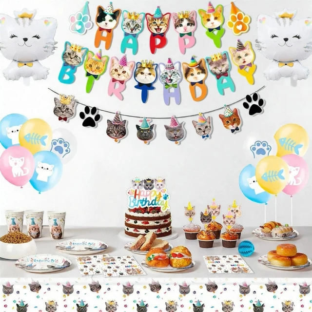 Alt view image 4 of 7 - Cat Birthday Party Supplies,167pcs Cat Birthday Decorations & Cat Theme Tableware Set-Cat Party Plates Napkins Tablecloth&Cat Birthday Banner Balloons etc Cat Themed Birthday Party Supplies for Girls