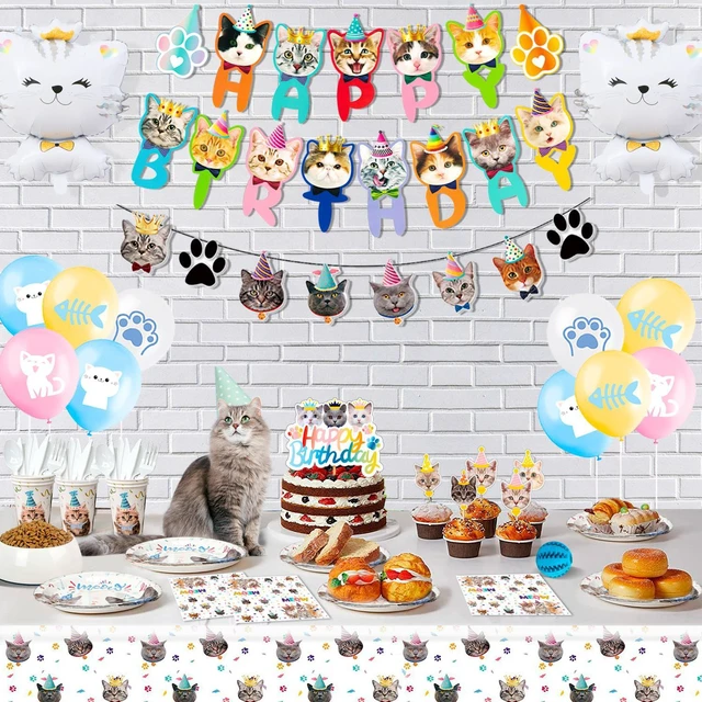 Alt view image 6 of 7 - Cat Birthday Party Supplies,167pcs Cat Birthday Decorations & Cat Theme Tableware Set-Cat Party Plates Napkins Tablecloth&Cat Birthday Banner Balloons etc Cat Themed Birthday Party Supplies for Girls
