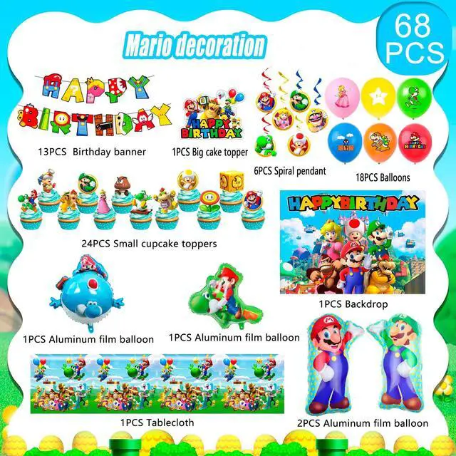 Alt view image 2 of 7 - Mario Birthday Party Supplies, 68pcs Super Mario Party Decorations Set- Super Mario Birthday Decorations Banner Backdrop Tablecloth & Mario Bros Balloons Cake Topper etc Super Mario Party Supplies