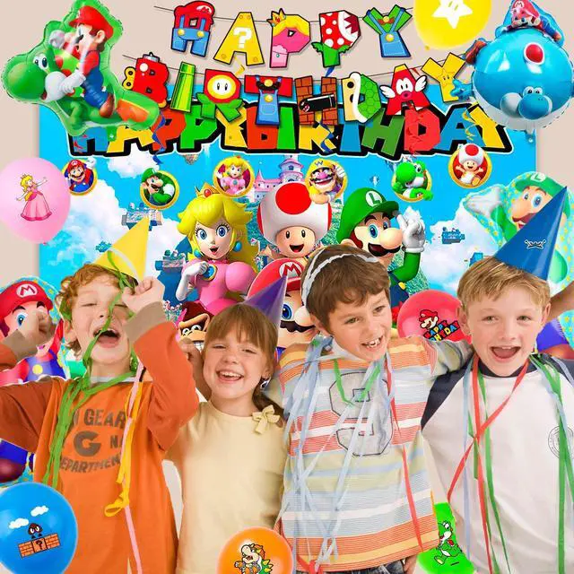 Alt view image 4 of 7 - Mario Birthday Party Supplies, 68pcs Super Mario Party Decorations Set- Super Mario Birthday Decorations Banner Backdrop Tablecloth & Mario Bros Balloons Cake Topper etc Super Mario Party Supplies