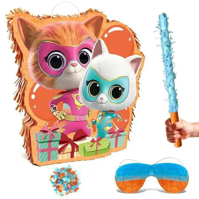 Main image of 4 Pcs Super Kitten Pinata, Super Kitten Pinatas Bundle,including Super Kitten Theme Pinata,Super Kitten Party Pinata Stick,Party Games Blindfold etc Super Kitten Pinata Supplies for Super Kitten Birth