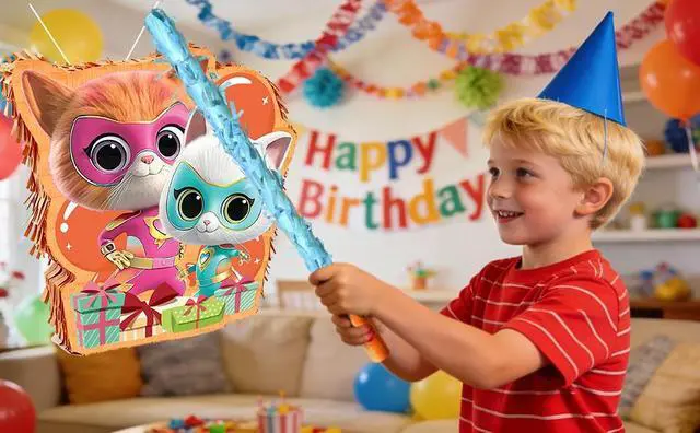 Alt view image 7 of 7 - 4 Pcs Super Kitten Pinata, Super Kitten Pinatas Bundle,including Super Kitten Theme Pinata,Super Kitten Party Pinata Stick,Party Games Blindfold etc Super Kitten Pinata Supplies for Super Kitten Birth