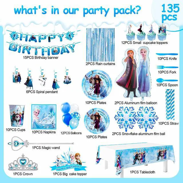 Alt view image 2 of 7 - Frozen Birthday Party Supplies,135pcs Frozen Party Decorations & Tableware Set- Frozen Party Plates Napkins Cups Tablecloth Balloons Banner Crown Wand etc Frozen Birthday Decorations for Girls