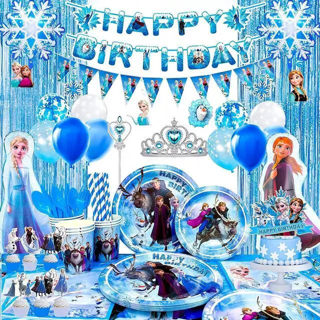 Main image of Frozen Birthday Party Supplies,135pcs Frozen Party Decorations & Tableware Set- Frozen Party Plates Napkins Cups Tablecloth Balloons Banner Crown Wand etc Frozen Birthday Decorations for Girls