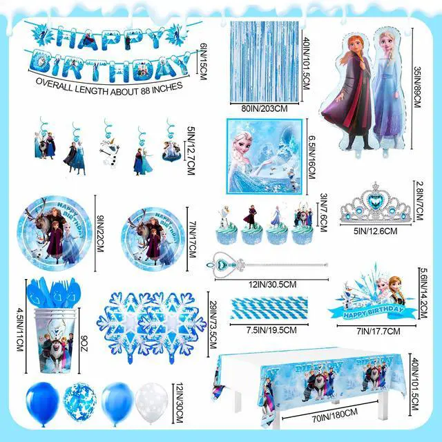 Alt view image 7 of 7 - Frozen Birthday Party Supplies,135pcs Frozen Party Decorations & Tableware Set- Frozen Party Plates Napkins Cups Tablecloth Balloons Banner Crown Wand etc Frozen Birthday Decorations for Girls