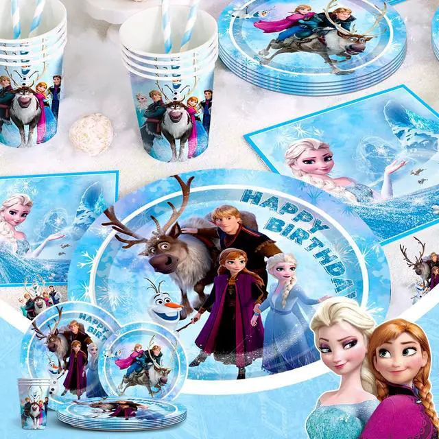 Alt view image 5 of 7 - Frozen Birthday Party Supplies,135pcs Frozen Party Decorations & Tableware Set- Frozen Party Plates Napkins Cups Tablecloth Balloons Banner Crown Wand etc Frozen Birthday Decorations for Girls