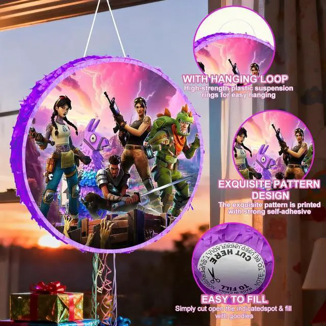 Alt view image 3 of 7 - Fortnite Piñata,4pcs Fortnite Themed Party Pinata Bundle - Fortnite Round Piñata Large,Fortnite Party Decorations Blindfold & Piñata Stick etc Fortnite Birthday Party Supplies for Kids