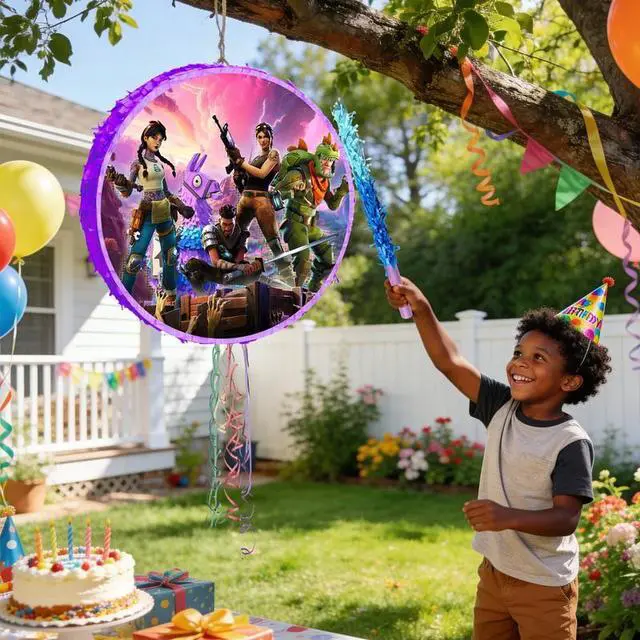 Alt view image 4 of 7 - Fortnite Piñata,4pcs Fortnite Themed Party Pinata Bundle - Fortnite Round Piñata Large,Fortnite Party Decorations Blindfold & Piñata Stick etc Fortnite Birthday Party Supplies for Kids