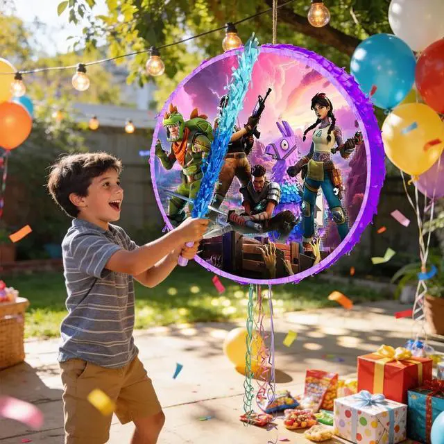 Alt view image 5 of 7 - Fortnite Piñata,4pcs Fortnite Themed Party Pinata Bundle - Fortnite Round Piñata Large,Fortnite Party Decorations Blindfold & Piñata Stick etc Fortnite Birthday Party Supplies for Kids