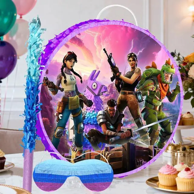 Alt view image 6 of 7 - Fortnite Piñata,4pcs Fortnite Themed Party Pinata Bundle - Fortnite Round Piñata Large,Fortnite Party Decorations Blindfold & Piñata Stick etc Fortnite Birthday Party Supplies for Kids