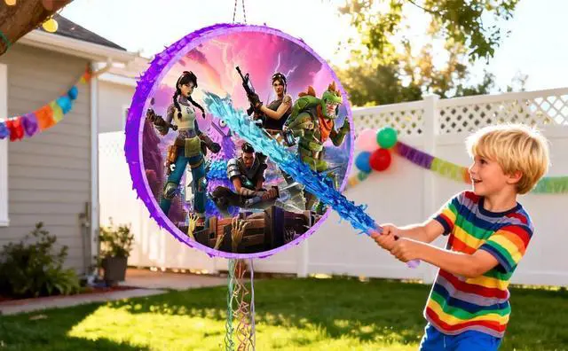 Alt view image 7 of 7 - Fortnite Piñata,4pcs Fortnite Themed Party Pinata Bundle - Fortnite Round Piñata Large,Fortnite Party Decorations Blindfold & Piñata Stick etc Fortnite Birthday Party Supplies for Kids