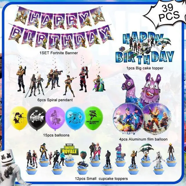 Alt view image 2 of 7 - Fortnite Birthday Party Supplies,39 pcs Fortnite Party Decorations Set-Fortnite Spirals,Fortnite Balloons Banners Cake Toppers etc Fortnite Theme Birthday Party Supplies for Kids