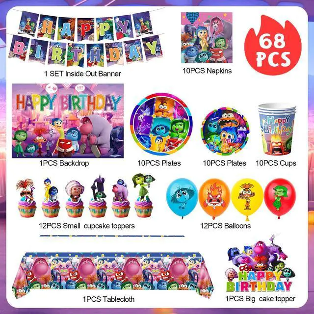 Alt view image 2 of 7 - Inside Out Birthday Decorations, 98 Pcs Inside Out Party Decorations and Inside Out Tableware Sets - Inside Out Birthday Plates Napkins Balloons Banners Cake Toppers etc. Inside Out Party Supplies