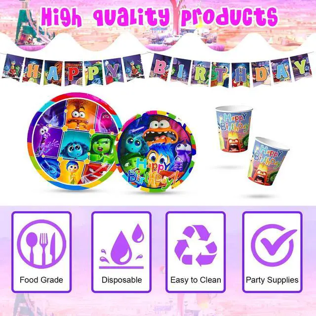 Alt view image 6 of 7 - Inside Out Birthday Decorations, 98 Pcs Inside Out Party Decorations and Inside Out Tableware Sets - Inside Out Birthday Plates Napkins Balloons Banners Cake Toppers etc. Inside Out Party Supplies