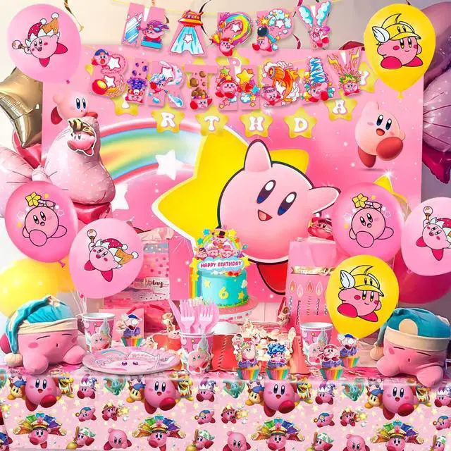 Main image of Kirby Party Supplies,110 Pcs Kirby Birthday Party Decorations and Kirby Tableware Set - Kirby Plates and Napkins Cups Table Cloth Backdrop Kirby balloons etc Kirby Theme Birthday Supplies