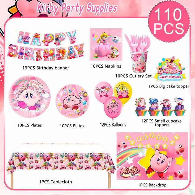 Alt view image 3 of 7 - Kirby Party Supplies,110 Pcs Kirby Birthday Party Decorations and Kirby Tableware Set - Kirby Plates and Napkins Cups Table Cloth Backdrop Kirby balloons etc Kirby Theme Birthday Supplies