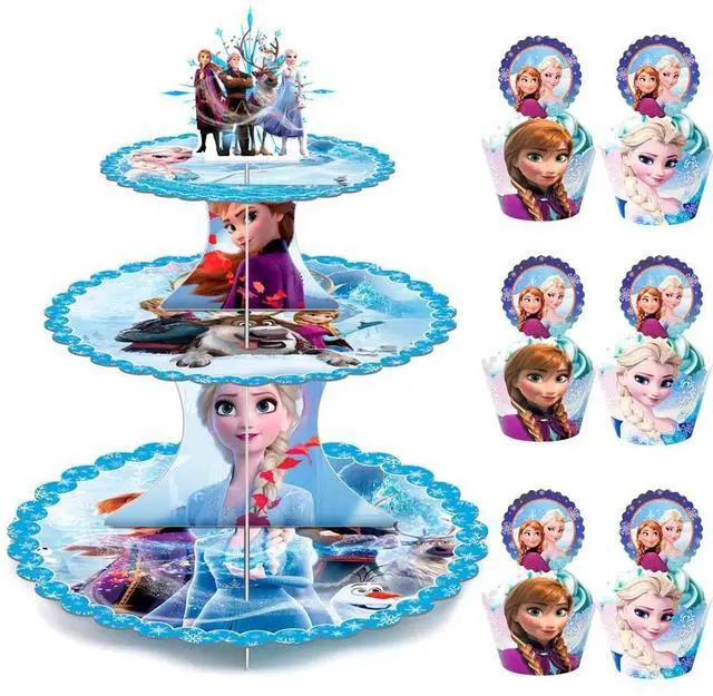 Main image of Frozen Cupcake Stand, 3-Tier Frozen Birthday Cupcake Stand with 12pcs Frozen Cupcake Toppers & 12pcs Elsa Cake Cups Perfect for Elsa Themed Party or Frozen Birthday Party Supplies