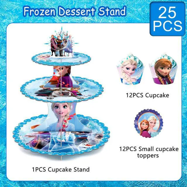 Alt view image 2 of 7 - Frozen Cupcake Stand, 3-Tier Frozen Birthday Cupcake Stand with 12pcs Frozen Cupcake Toppers & 12pcs Elsa Cake Cups Perfect for Elsa Themed Party or Frozen Birthday Party Supplies