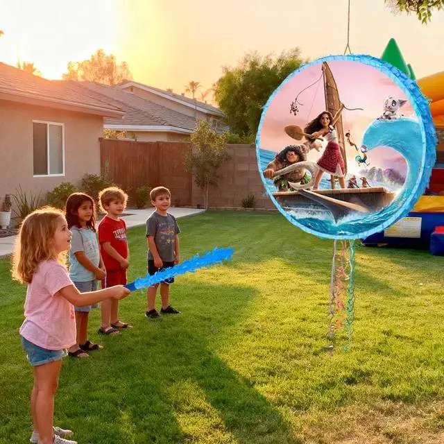 Alt view image 5 of 7 - 4 Pcs Moana Pinata, Moana Pinata Set - Moana Themed Pinata, Moana Party Pinata Sticks, Moana Party Game Eye Mask and other Moana Pinata Supplies for Moana Birthday Party Decorations