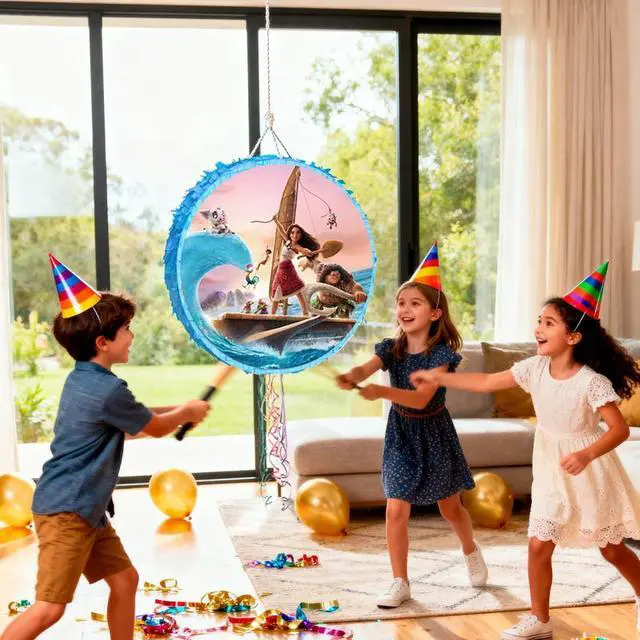 Alt view image 6 of 7 - 4 Pcs Moana Pinata, Moana Pinata Set - Moana Themed Pinata, Moana Party Pinata Sticks, Moana Party Game Eye Mask and other Moana Pinata Supplies for Moana Birthday Party Decorations