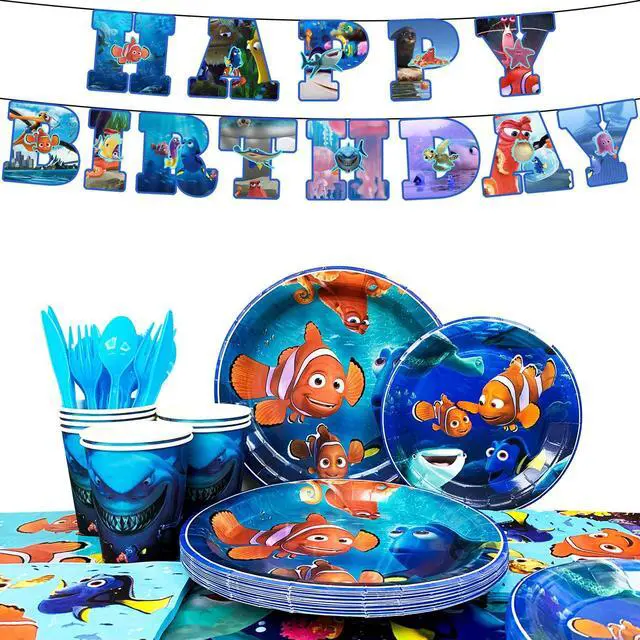 Main image of 114 Pcs Finding Nemo Birthday Party Decoration Tableware Set - Finding Nemo Tablecloth Banner Plates Napkins Cups for Finding Nemo Birthday Party Supplies,Serves 16