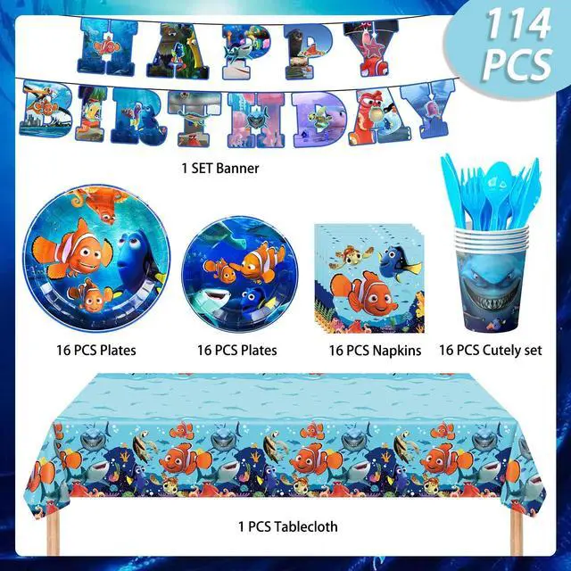 Alt view image 2 of 7 - 114 Pcs Finding Nemo Birthday Party Decoration Tableware Set - Finding Nemo Tablecloth Banner Plates Napkins Cups for Finding Nemo Birthday Party Supplies,Serves 16