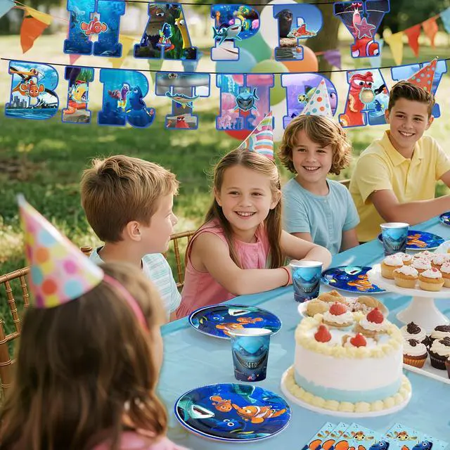 Alt view image 3 of 7 - 114 Pcs Finding Nemo Birthday Party Decoration Tableware Set - Finding Nemo Tablecloth Banner Plates Napkins Cups for Finding Nemo Birthday Party Supplies,Serves 16
