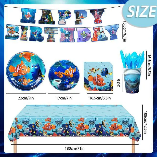 Alt view image 7 of 7 - 114 Pcs Finding Nemo Birthday Party Decoration Tableware Set - Finding Nemo Tablecloth Banner Plates Napkins Cups for Finding Nemo Birthday Party Supplies,Serves 16