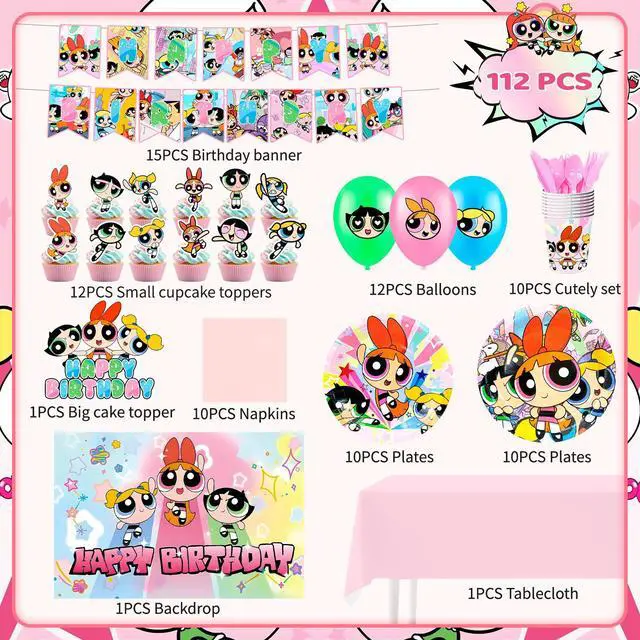 Alt view image 2 of 7 - 112pcs The Powerpuff Girls Birthday Decorations & Party Tableware Set - The Powerpuff Girls Birthday Banner Balloons Plates Napkins etc. The Powerpuff Girls Birthday Party Supplies for Kids