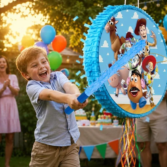 Alt view image 3 of 7 - 4 Pcs Round Toy Story Piñata Bundle - 17.58'' Toy Story Piñata Large & Game Blindfold&Toy Story Pinata Stick etc Toy Story Pinata Supplies for Toy Story Birthday Party Supplies