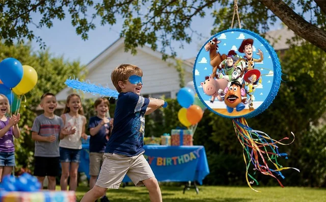Alt view image 7 of 7 - 4 Pcs Round Toy Story Piñata Bundle - 17.58'' Toy Story Piñata Large & Game Blindfold&Toy Story Pinata Stick etc Toy Story Pinata Supplies for Toy Story Birthday Party Supplies