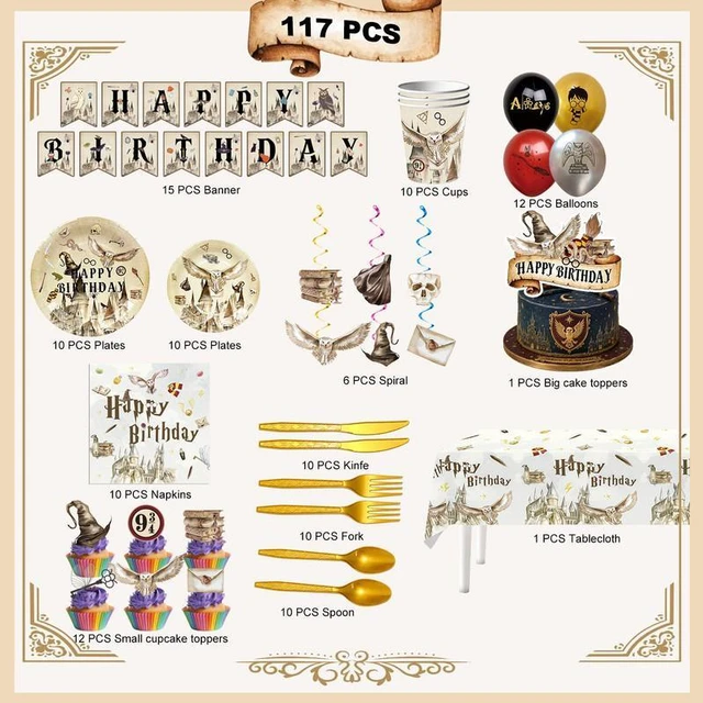 Alt view image 7 of 7 - 117 Pcs Harry Potter Birthday Decorations&Magical Wizard Party Tableware Set - Harry Potter Banner Balloons Cake Toppers Plates Cups Tablecloth etc Harry Potter Birthday Party Supplies