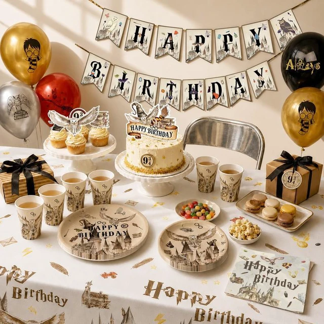 Alt view image 4 of 7 - 117 Pcs Harry Potter Birthday Decorations&Magical Wizard Party Tableware Set - Harry Potter Banner Balloons Cake Toppers Plates Cups Tablecloth etc Harry Potter Birthday Party Supplies