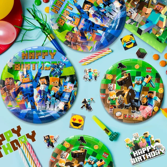 Alt view image 3 of 7 - Minecraft Birthday Party Decoration Supplies, 113 Pcs Pixel Game Party Supplies, including Pixel Game Cake Toppers, Balloons Banner Plates etc. Pixel Game Party Decorations for Boys