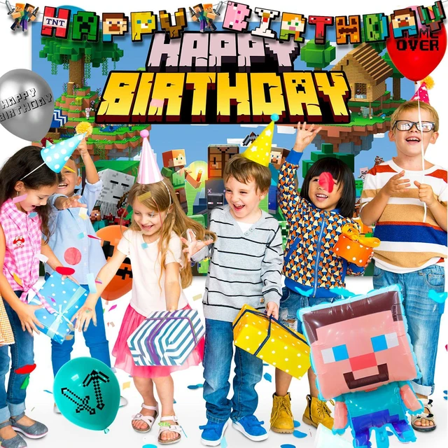 Alt view image 5 of 7 - Minecraft Birthday Party Decoration Supplies, 113 Pcs Pixel Game Party Supplies, including Pixel Game Cake Toppers, Balloons Banner Plates etc. Pixel Game Party Decorations for Boys