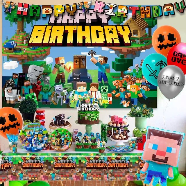 Alt view image 4 of 7 - Minecraft Birthday Party Decoration Supplies, 113 Pcs Pixel Game Party Supplies, including Pixel Game Cake Toppers, Balloons Banner Plates etc. Pixel Game Party Decorations for Boys