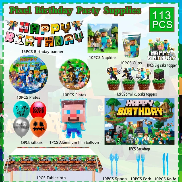 Alt view image 6 of 7 - Minecraft Birthday Party Decoration Supplies, 113 Pcs Pixel Game Party Supplies, including Pixel Game Cake Toppers, Balloons Banner Plates etc. Pixel Game Party Decorations for Boys