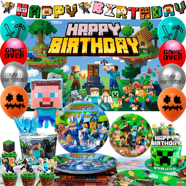 Main image of Minecraft Birthday Party Decoration Supplies, 113 Pcs Pixel Game Party Supplies, including Pixel Game Cake Toppers, Balloons Banner Plates etc. Pixel Game Party Decorations for Boys