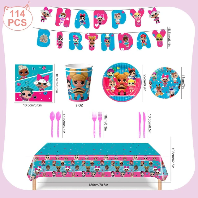 Alt view image 6 of 6 - Surprise Doll Party Supplies, 114 Pcs LOL Party Tableware Kit - Surprise Doll Tablecloth Plates Cups Napkins etc. Surprise Doll Theme Party Supplies Girls Birthday Party Decoration,Serves 16