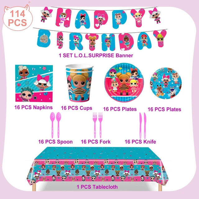 Alt view image 5 of 6 - Surprise Doll Party Supplies, 114 Pcs LOL Party Tableware Kit - Surprise Doll Tablecloth Plates Cups Napkins etc. Surprise Doll Theme Party Supplies Girls Birthday Party Decoration,Serves 16